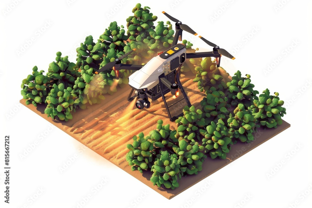 Poster advanced drone technology integrated with agricultural sprayers and isometric visuals enhances crop 