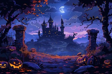 Halloween. Happy Halloween Fantasy Illustration with Halloween pumpkin, trees, house, moon on the background of old gothic castles.