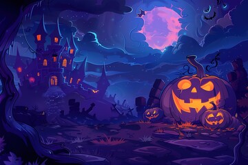 Halloween. Happy Halloween Fantasy Illustration with Halloween pumpkin, trees, house, moon on the background of old gothic castles.