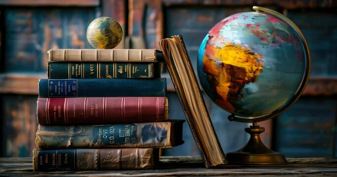 A world of reading, diverse language books stacked beside a globe, symbolizing literacy's global impact. International Literacy Day, 8 September
