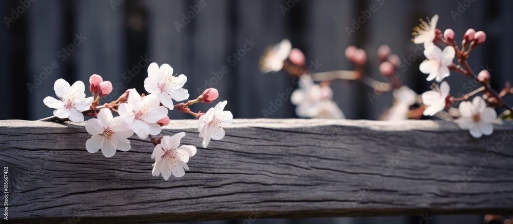 Poster spring flowering branch on wooden background plum blossoms delicate branch of flowering plum on a wo