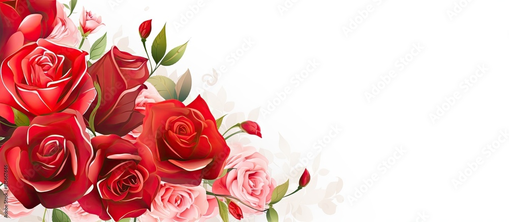 Poster Spring card with a floral festive background featuring red roses and flowers border The image is isolated on white and includes copy space