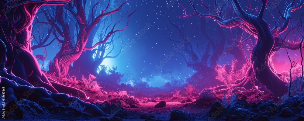 Poster a cybernetic jungle where neon vines entwine with metallic trees, creating an otherworldly landscape