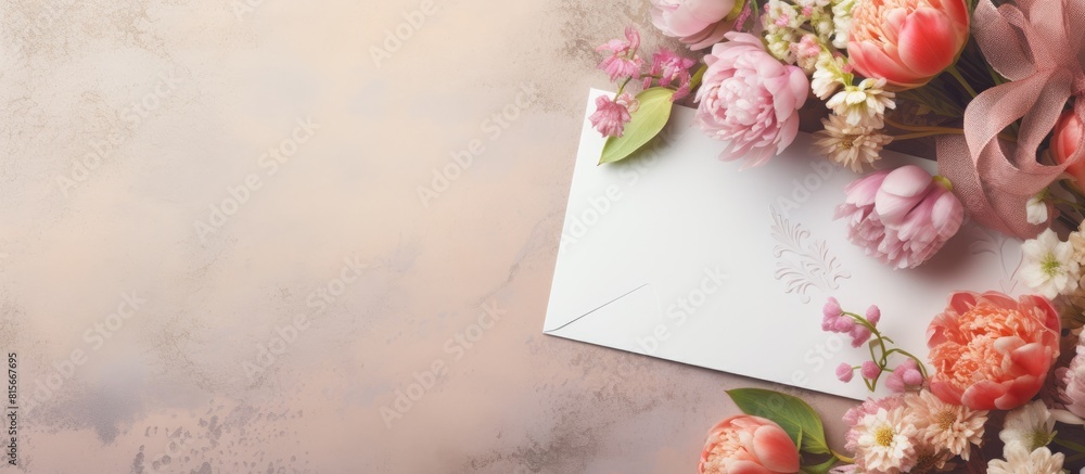 Poster spring composition wedding invitation design a bouquet of flowers and an envelope congratulation inv