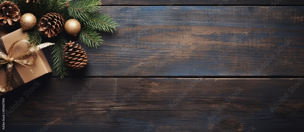 Poster christmas composition background christmas gift with pine cones and fir branches on wooden backgroun