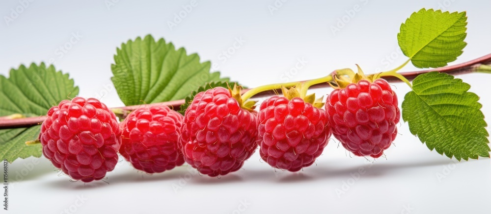 Poster a fresh raspberry branch on a white background creating a copy space image