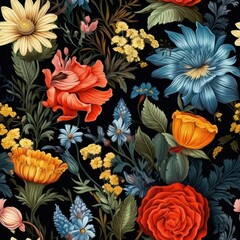 Vibrant floral pattern featuring various flowers in full bloom on a dark black background