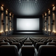Fototapeta premium Movie cinema hall interior with rows of seats and white blank mockup screen Isolated on black background