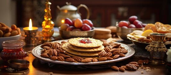 A beautifully set table at the Festive Mimouna celebration features a variety of Jewish Moroccan treats including Mofletta a scrumptious Sephardic Jewish pancake Among the delightful offerings are Za