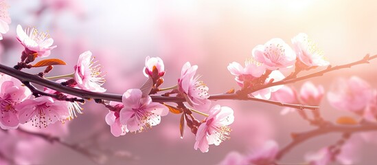 Beautiful sunlight effect on blooming pink almond flowers branch photo. copy space available