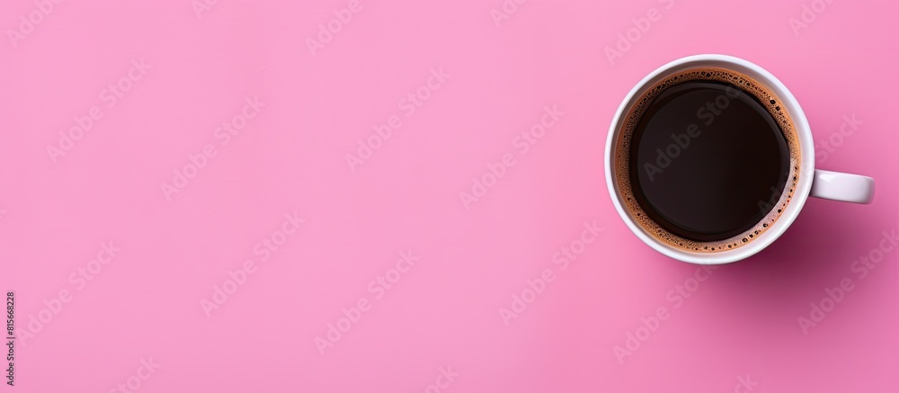 Aufkleber cup of coffee on pink background top view space for text. copy space available