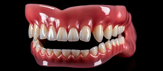 Lower human jaw with teeth anatomy model isolated on black background Healthy teeth dental care and orthodontic medical concept. copy space available