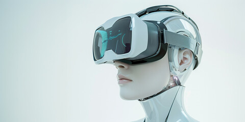 human robot female head is portrayed wearing VR goggles against a pristine white background. blend of advanced technology and human-like expression, prompting reflection on the fut