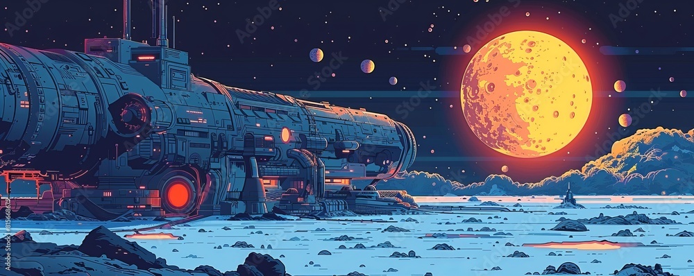 Poster an abandoned space station drifting in the void of space, its rusting hull and flickering lights hin