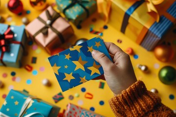 Mockup of a gift card in a hand with a colorful holiday background