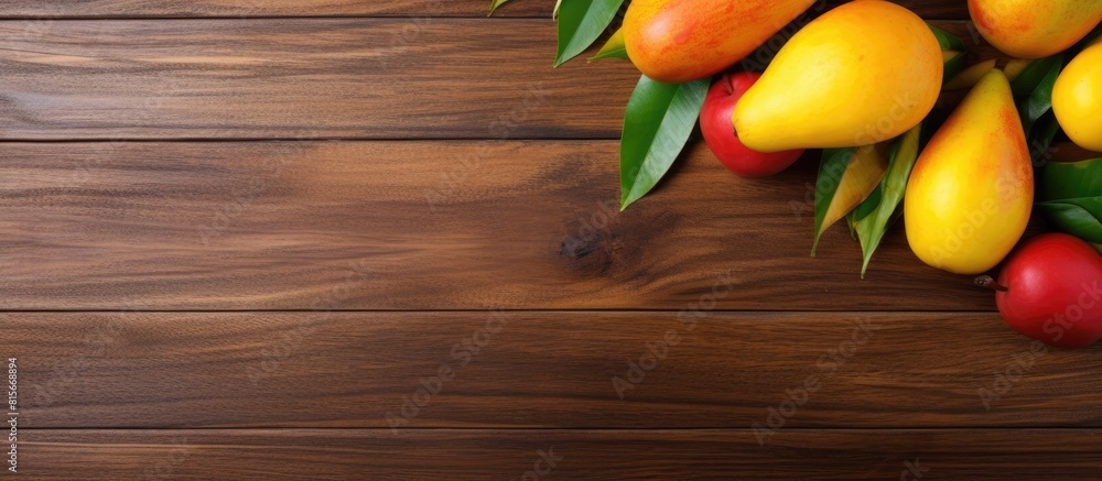 Poster flat lay composition with mango on wooden background space for text. copy space available