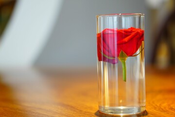 There is a transparent vase on the table with a red rose inside, a short circular transparent glass