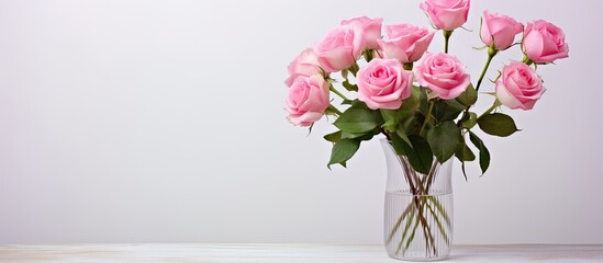 Fototapeta premium Pink roses bunch closeup in vase on white. copy space available