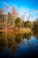 Idyllic landscape of a tranquil body of water surrounded by bare trees in Cincinnati Nature Center
