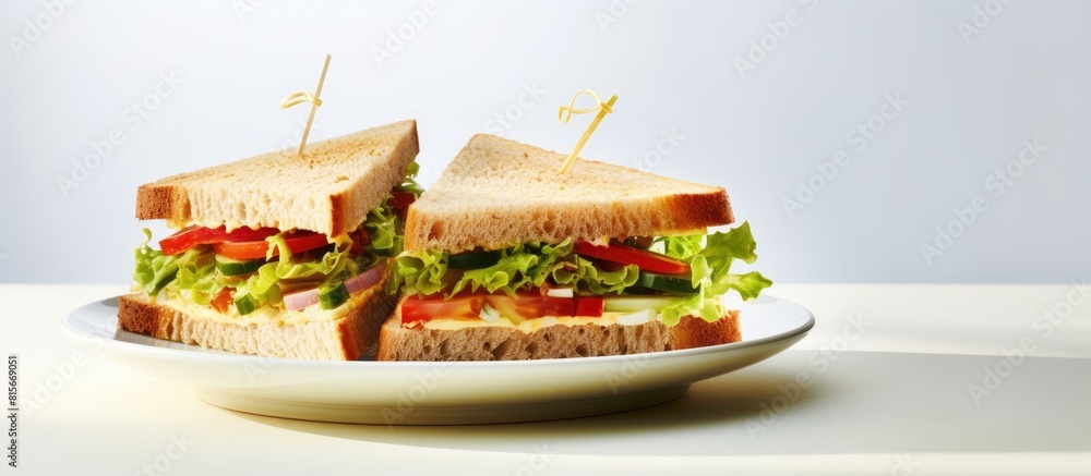 Poster Plate with tasty sandwiches on white table. copy space available