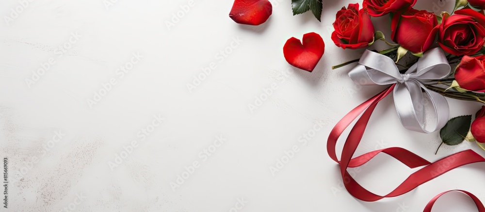 Aufkleber red roses and red ribbon in shape of heart on the vintage white grey background festive concept for 