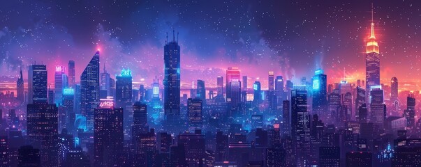 Obraz premium A futuristic megacity skyline with neon lights and holographic advertisements illuminating the night sky. illustration.