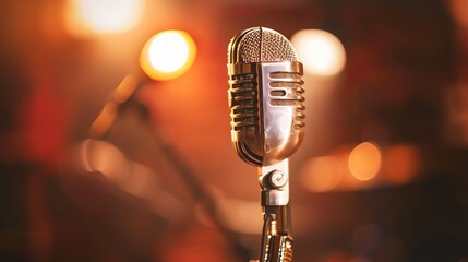Retro silver microphone on stage with warm lights in the background.