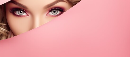 Beauty salon advertising banner with copy space Beautiful girl looks through hole in pink paper background Make up artist fashion beauty concept Cosmetics sale