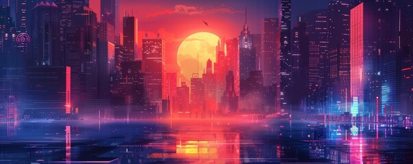 Fototapeta premium A dystopian cityscape cloaked in perpetual darkness, with towering skyscrapers and flickering neon lights casting eerie shadows on the deserted streets below. illustration.