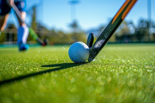 Field hockey player showcases skill and control dribbling past defenders, olympic sport concept