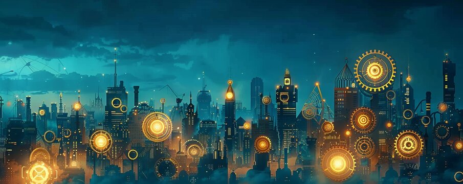 A steampunk cityscape where clockwork contraptions and brass gears dominate the skyline, their intricate mechanisms humming with mechanical life.   illustration.