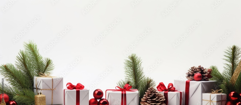 Poster christmas composition on a white background with white gift boxes with a red ribbon with fir branche