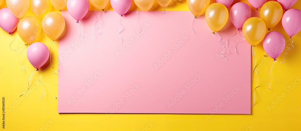 Aufkleber heart shaped balloons and yellow card on pink background flat lay space for text. copy space availab