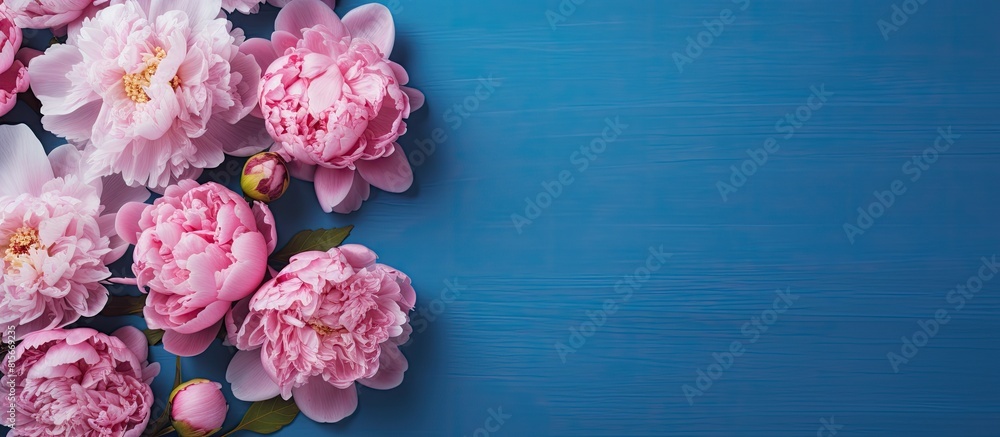 Poster beautiful pink peony flowers on blue background with copy space for your text top view and flat lay 