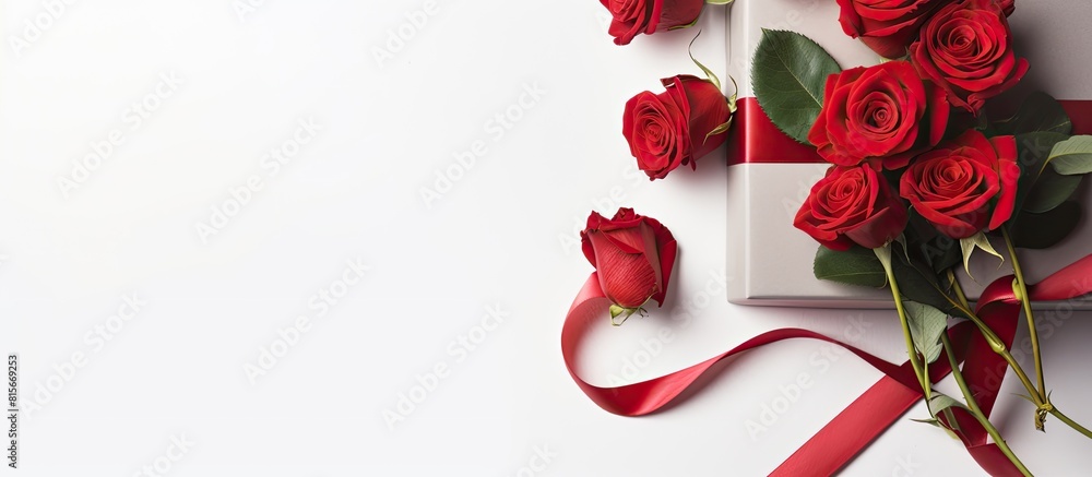 Poster red roses flower and present box on light background top view with copy space