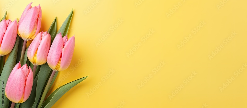 Aufkleber gently pink tulips on the yellow background spring background with a bouquet of flowers with copy sp