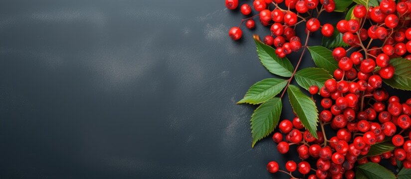 Rowan leaves in the corners red and juicy. copy space available