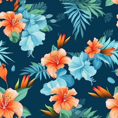 Tropical floral design featuring orange, red and blue flowers on a dark background
