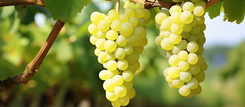 Sweet and tasty white grape bunch on the vine copy space