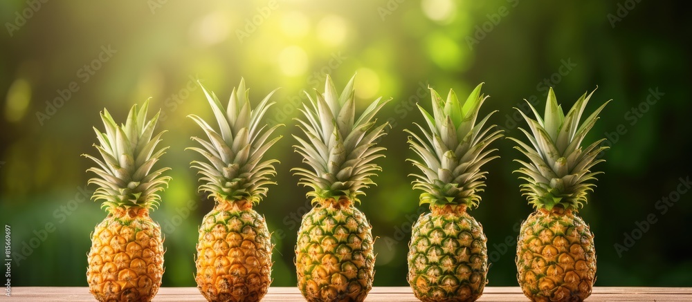 Poster ripe pineapples neatly arranged in raw with copy space over wooden and nature background