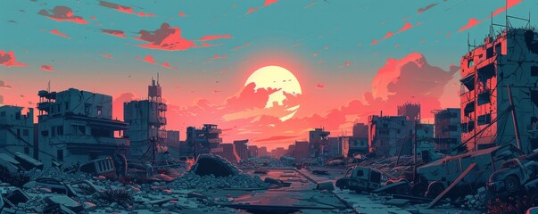 A cybernetic wasteland where the remnants of humanity struggle to survive amidst the ruins of their once-great civilization. illustration.