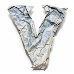 Letter V from crumpled newspaper on a clean white background. Fashion scrapbook lettering concept. Generative AI