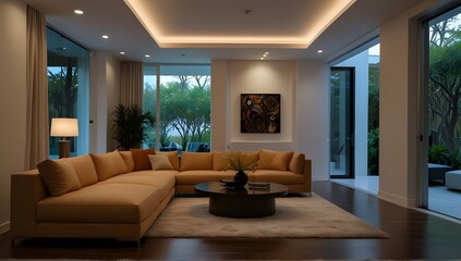 Fototapeta premium African style interior. Modern living room in luxury house with ethnic decor.