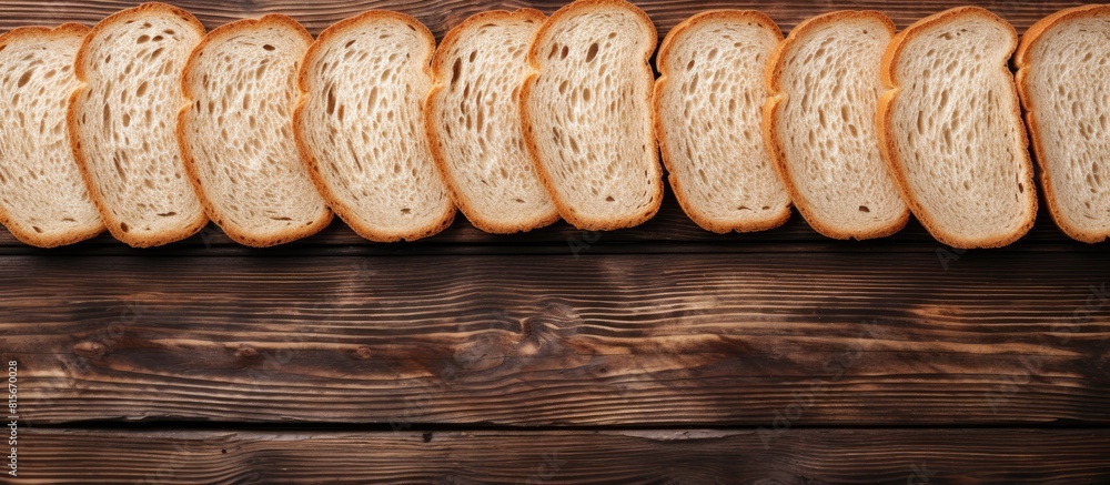 Poster Sliced bread on wooden table Top view with space for text or recipe. copy space available