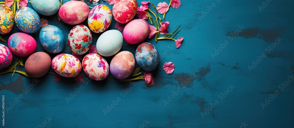Aufkleber colorful handmade easter eggs painted like earth on blue pink paper background with copy space for y