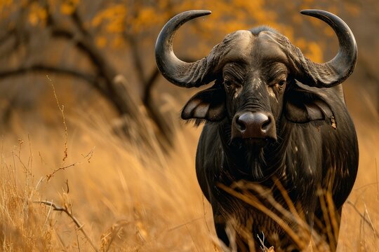 Close-up of a powerful african buffalo in a golden savannah landscape during the magic hour