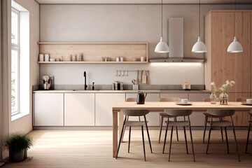 Modern scandinavian kitchen design, dining room interior