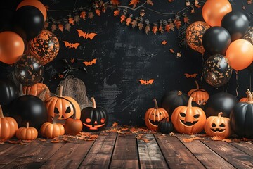 Halloween pumpkin party, Big terrible Pumpkin and happy pumpkin friends on wooden background.