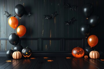 Halloween pumpkin party, Big terrible Pumpkin and happy pumpkin friends on wooden background.