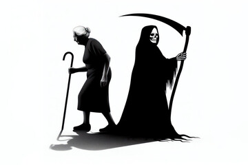 The shadow of death with a scythe follows an old woman Isolated on white background